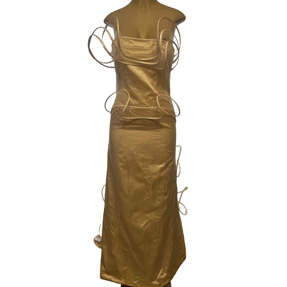 Suzanne Ermann Sculptural Champagne Gold Mesh Strapless Gown Dress 8/40